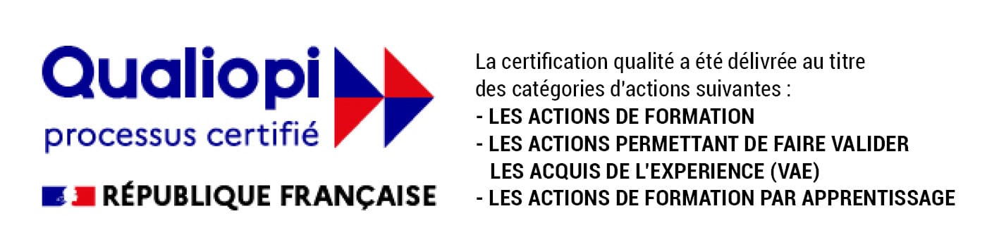 Qualiopi, processus certifié
La certification qualité a été délivrée au titre des catégories d'actions suivantes :  - les actions de formation  - les actions permettant de faire valider les acquis de l'expérience (VAE)  - les actions de formation par apprentissage