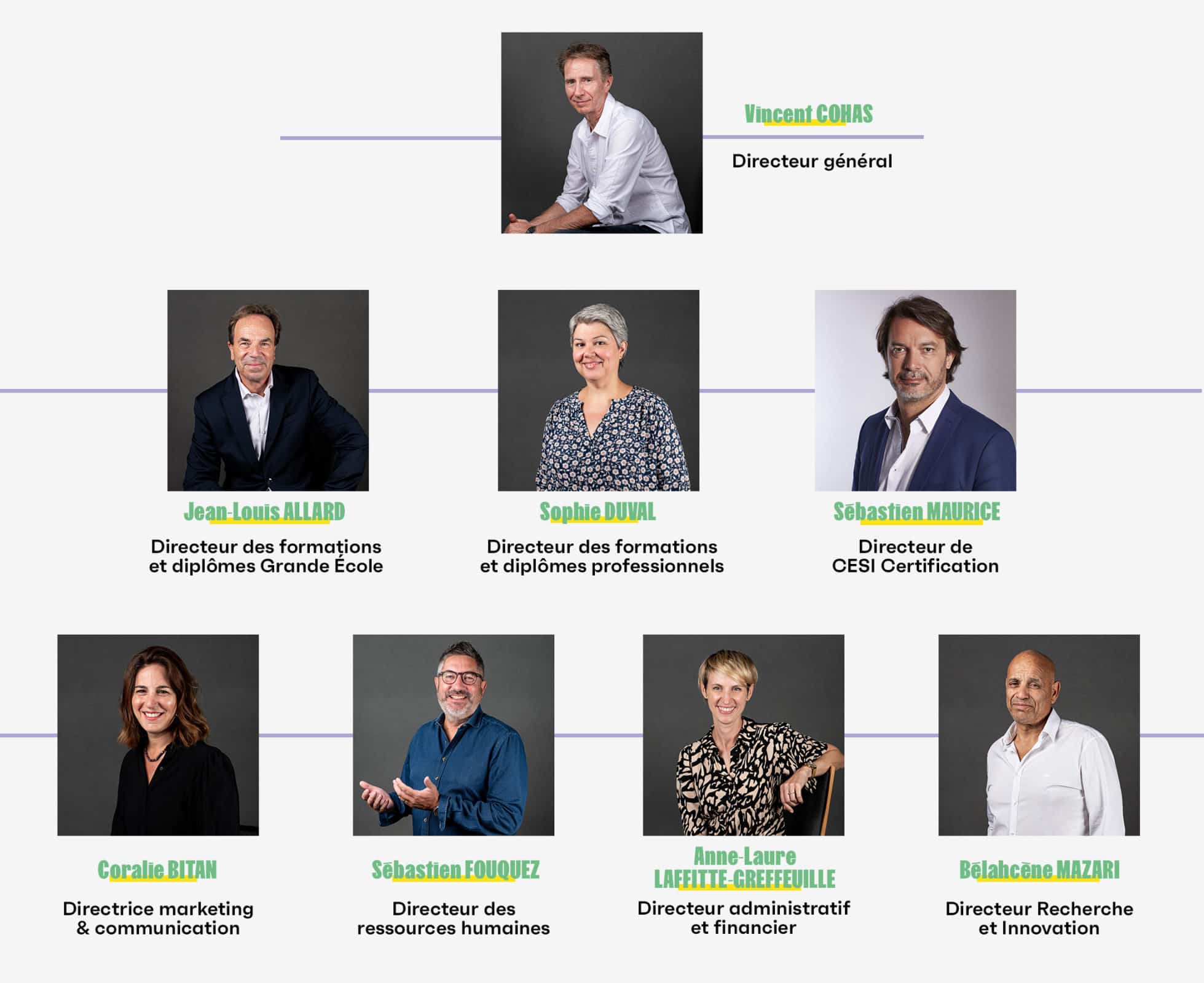 Directeur général : Vincent Cohas
Directeur des formations et diplômes Grande Ecole : Jean-Louis Allard
Directeur des formations et diplômes professionnels : Sophie Duval
Directeur Recherche et Innovation : Bélahcène Mazari
Directrice marketing & communication : Coralie Bitan
Directeur des ressources humaines : Sébastien Fouquez
Directrice administrative et financière : Anne-Laure Laffite-Greffeuille
