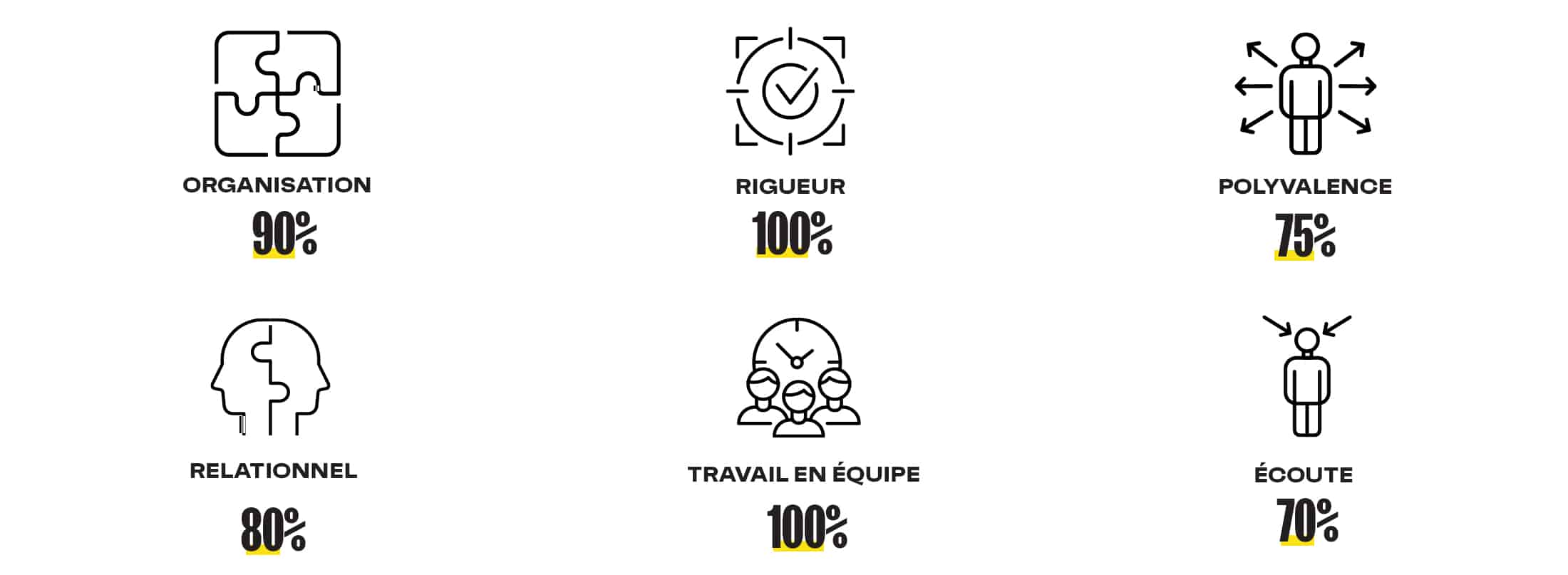 Organisation : 90%
Rigueur : 100% 
Polyvalence : 75%
Relationnel : 80%
Travail en équipe : 100%
Écoute : 70%