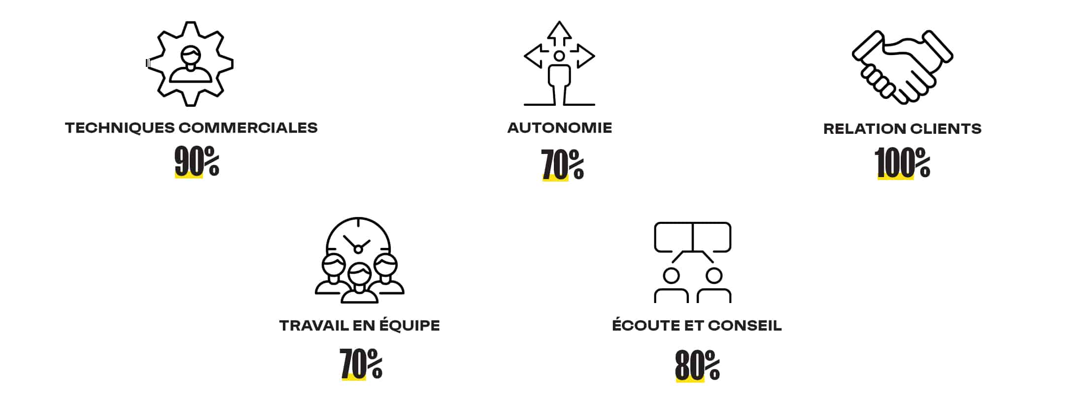 Techniques commerciales : 90% ; 
Autonomie : 70% ; 
Relation clients 100% ; 
Travail en équipe 70% ; 
Écoute et conseil 80%