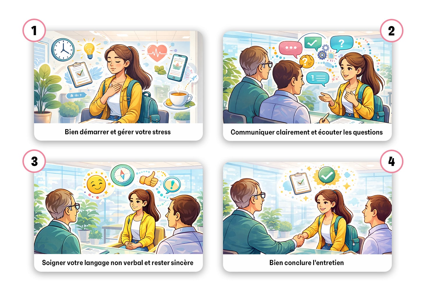 1. Bien démarrer et gérer le stress
2. Communiquer clairement et écouter les questions
3. Soigner votre langage non verbal et rester sincère
4. Bien conclure l'entretien