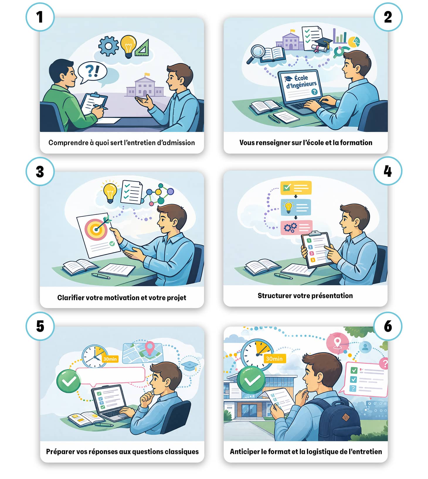 6 conseils pour vous préparer avant l'entretien

• Conseil n°1 : Comprendre à quoi sert l'entretien d'admission
• Conseil n°2 : Vous renseigner sur l'école et la formation
• Conseil n°3 : Clarifier votre motivation et votre projet
• Conseil n°4 : Structurer votre présentation 
• Conseil n°5 : Préparer vos réponses aux questions classiques
• Conseil n°6 : Anticiper le format et la logistique de l'entretien