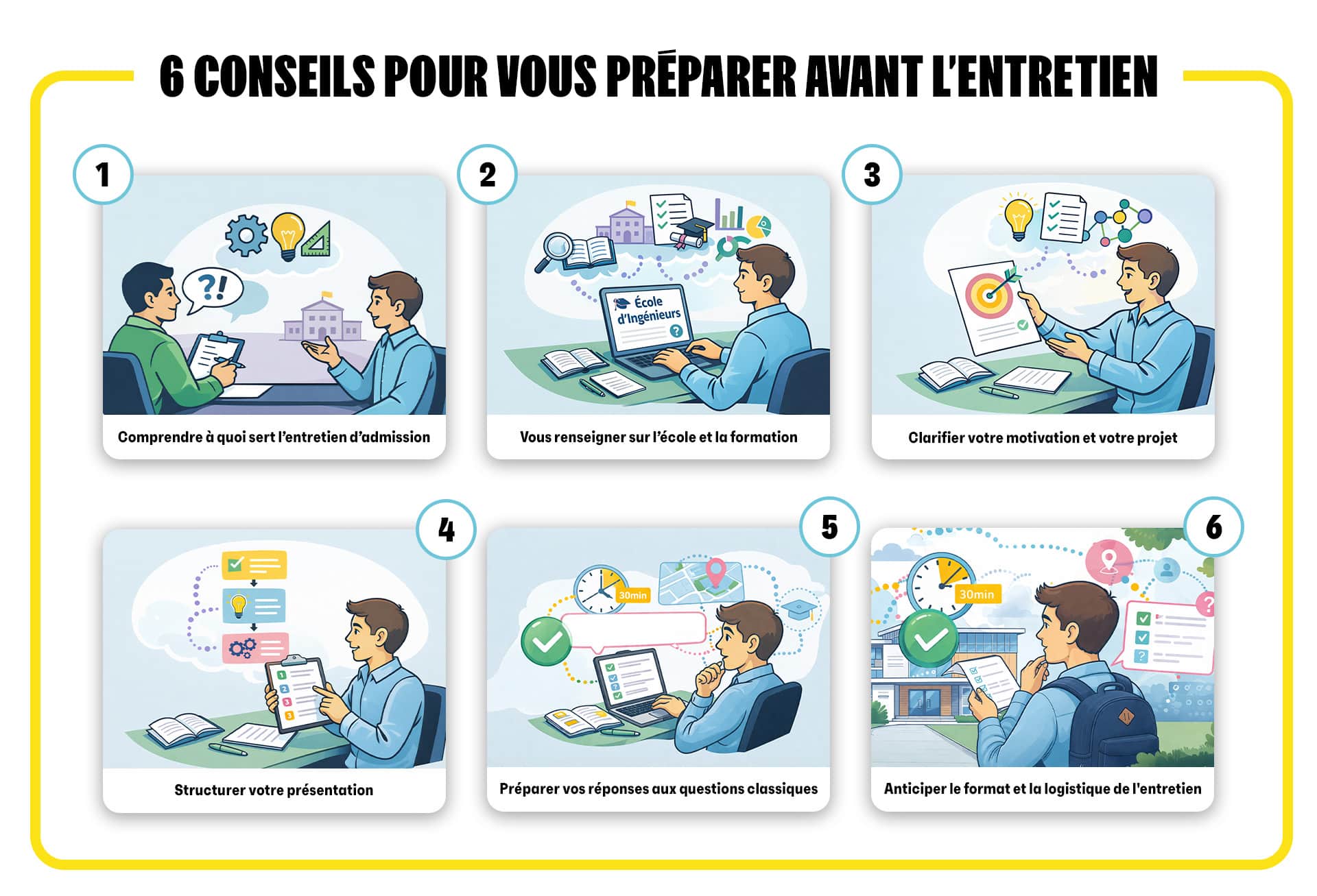  6 conseils pour vous préparer avant l'entretien

Conseil n°1 : Comprendre à quoi sert l'entretien d'admission
Conseil n°2 : Vous renseigner sur l'école et la formation
Conseil n°3 : Clarifier votre motivation et votre projet
Conseil n°4 : Structurer votre présentation 
Conseil n°5 : Préparer vos réponses aux questions classiques
Conseil n°6 : Anticiper le format et la logistique de l'entretien