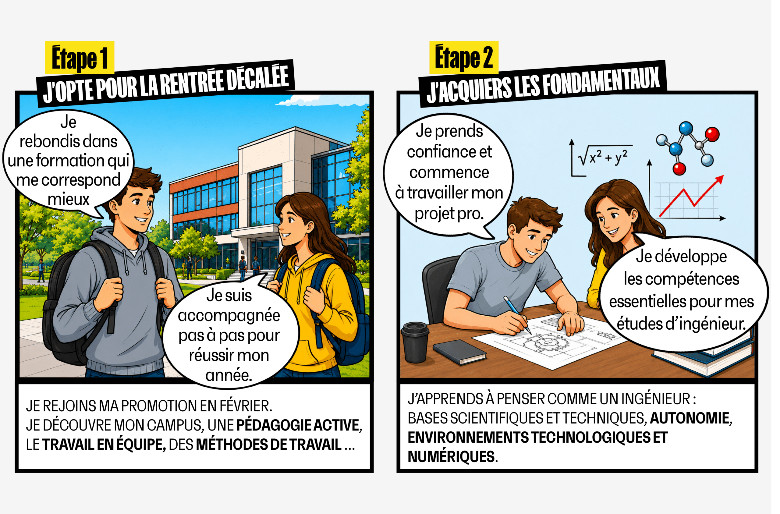 Du bac au cycle ingénieur : je construis mon avenir pas à pas dès mon entrée à CESI Ecole d’Ingénieurs.
2 années pour prendre mes repères, gagner en confiance et développer mes compétences pour intégrer le cycle ingénieur sereinement.

ETAPE 1 : JE FAIS LE CHOIX DE MES ETUDES
J'entre à CESI Ecole d’Ingénieurs.
Je découvre une nouvelle façon d'apprendre :
•	Une pédagogie active pour apprendre à travers des projets réalistes et concrets
•	Des travaux en équipe pour évoluer directement en mode projet 
•	Une immersion progressive dans l'univers de l'ingénierie
•	Un accompagnement personnalisé pour réussir ma transition post-bac


ETAPE 2 :  PREMIERE ANNEE : J'APPRENDS À PENSER COMME UN INGÉNIEUR
Dès les premiers jours, je construis des bases solides.
J'acquiers les fondamentaux scientifiques et techniques :
•	Mathématiques
•	Physique
•	Informatique et algorithmique
•	Sciences de l'ingénieur
•	Premiers projets techniques
Je développe aussi les compétences transverses qui feront la différence demain :
•	Organisation
•	Méthode de travail
•	Communication
•	Travail en équipe
•	Esprit d'analyse

	Focus PFI : Je commence à travailler mon Projet de Formation Individuel (PFI) : j’identifie mes centres d’intérêt, mes forces. Je clarifie mes attentes et dessine mon projet (secteur, spécialité, métier, …) ; j’analyse et réfléchis mon choix de mineure.

