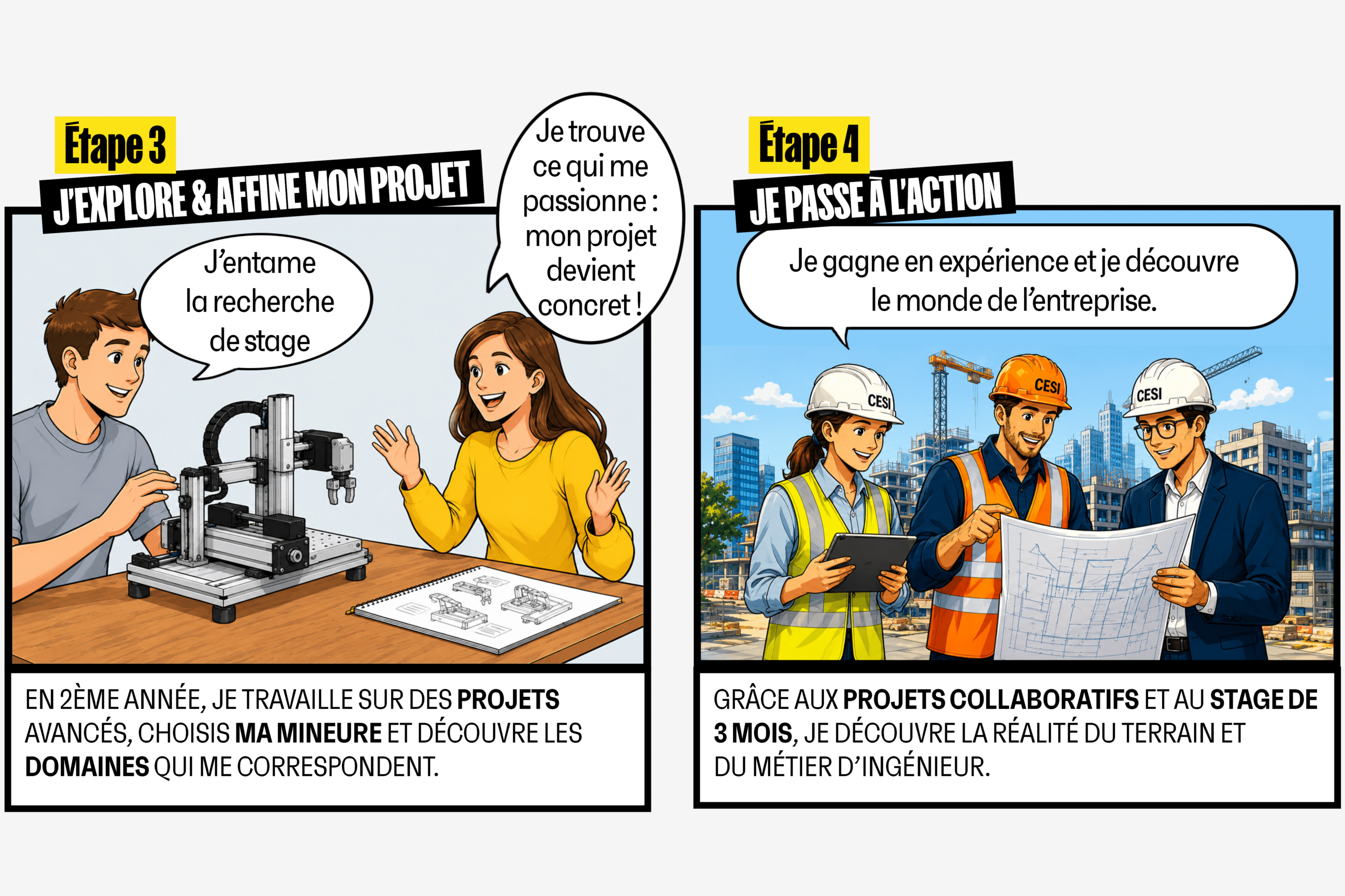 ETAPE 3 : DEUXIEME ANNEE : JE DÉCOUVRE CE QUI ME PASSIONNE
J'affine mon projet 
Je vais plus loin grâce à :
•	Des projets plus complexes
•	La modélisation et la simulation
•	La gestion de projet
•	La spécialité de ma mineure (Informatique, Généraliste, Systèmes électriques et électroniques embarqués, BTP & génie civil)
•	La recherche de stage
•	L'approfondissement scientifique
Je développe :
•	Mon esprit critique et mon sens d’analyse
•	Ma capacité à résoudre des problèmes
•	Mon sens des responsabilités
•	Mon adaptabilité
•	Ma communication professionnelle

	Focus PFI : Je précise et ajuste mes attentes par rapport à ce que j’ai déjà acquis et appris. Je commence le travail autour de la recherche de stage et gagne en compétences sur les entretiens. 

ETAPE 4 : FIN DEUXIEME ANNEE : JE VIS MES PREMIÈRES EXPÉRIENCES PROFESSIONNELLES
Je passe à l'action
Grâce aux projets collaboratifs et aux stages de 3 mois en France ou à l'international :
•	J'applique mes connaissances sur le terrain
•	Je travaille avec des professionnels
•	Je découvre les réalités de l'entreprise
•	Je construis mon réseau et mon projet professionnel et j’explore concrètement l’univers de l’ingénierie

	Focus PFI : J’explore l’univers de l’ingénierie, je me connais plus, je sais quels sont les projets qui me correspondent. Mon projet d’orientation est plus précis. Le PFI m’a aidé à  trouver un stage et je valide mon choix de spécialité.
